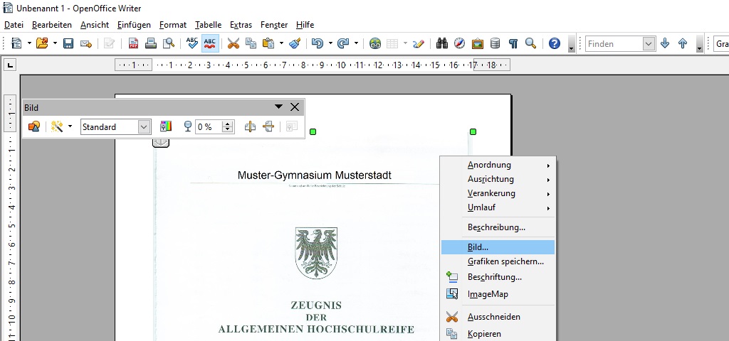 Öffnen des Dialogs zum Ändern der Bildeigenschaften
